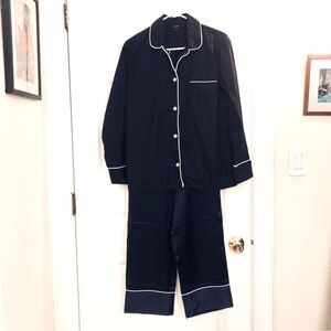 Pajama PJs Quince Cotton Top unknown brand real silk pants Navy w white piping S